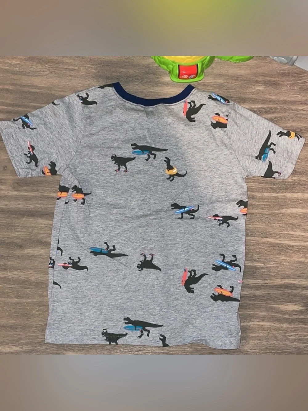 Carter's Gray Tee with Navy Pocket & Surfing Dino Print